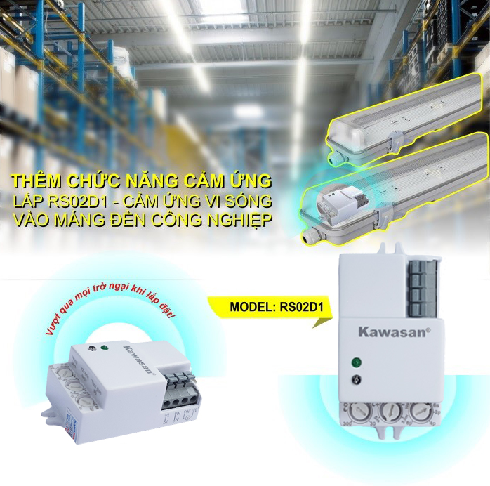 Lắp cảm ứng vi sóng RS02D1 vào máng đèn công nghiệp