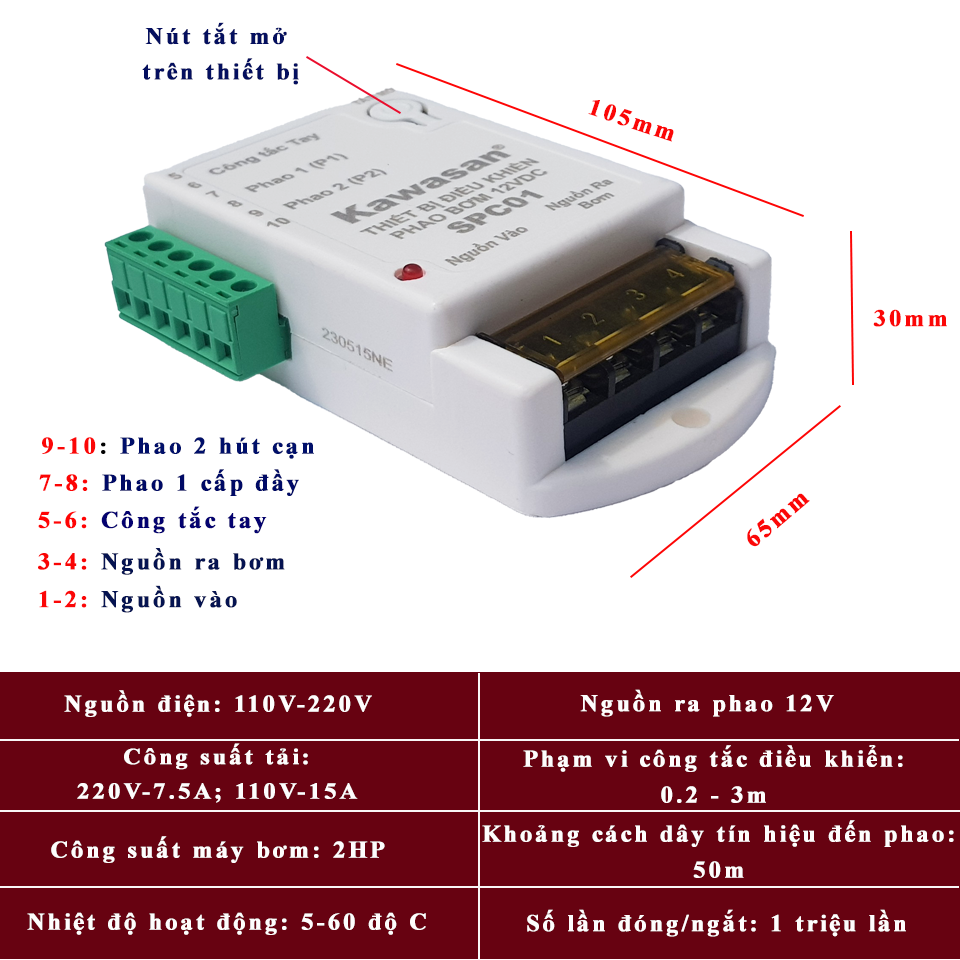 Thông số kỹ thuật công tắc điều khiển phao bơm SPC01